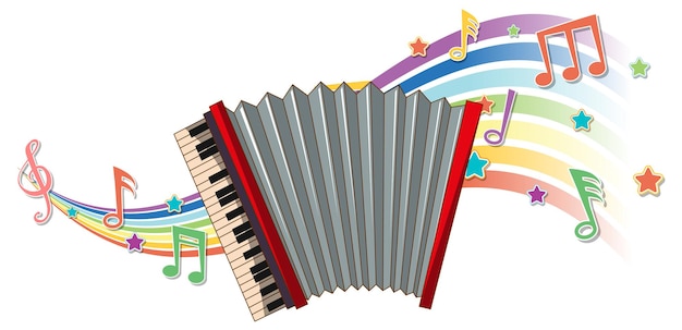 Kostenloser Vektor akkordeon mit melodiesymbolen auf regenbogenwelle