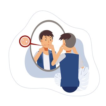 Akne-behandlung. ein mann, der seinen pickel zusammendrückt, sieht sein spiegelbild und wird aufgrund eines akneproblems wütend. akne-behandlung. flache vektorzeichentrickfilm-figur-illustration