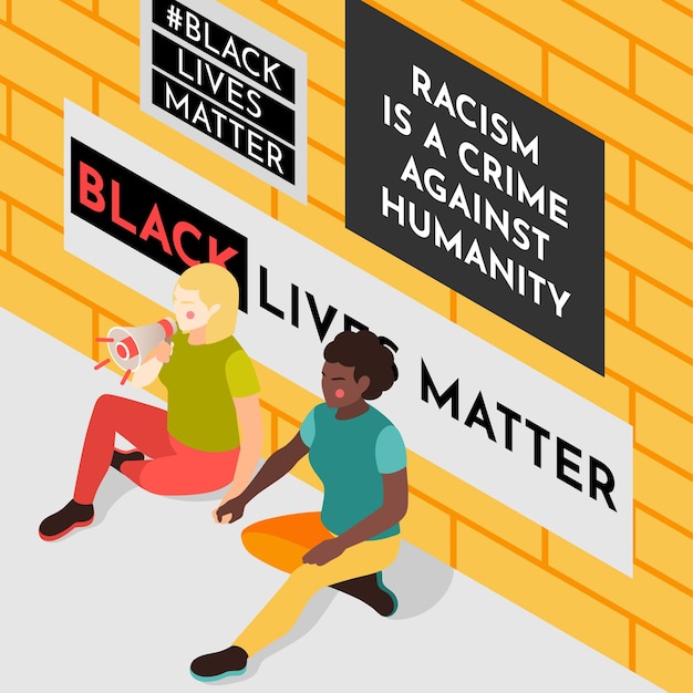 Aktivisten der bewegung für schwarze leben sind wichtig, die slogans über lautsprecher mit anti-rassen-papieren rufen Kostenlosen Vektoren