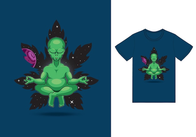 Alien meditasi yoga illustration mit t-shirt design premium-vektor das konzept der isolierten technologie. flacher cartoon-stil, geeignet für landing-webseiten, banner, flyer, aufkleber, karten