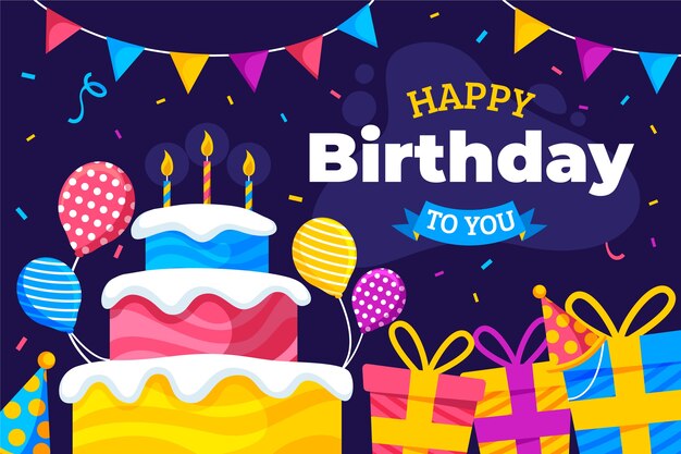 Alles Gute zum Geburtstag, flaches Design mit Kuchen und Geschenken