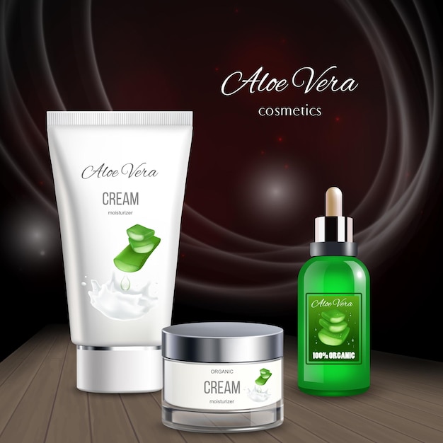 Aloe Vera Kosmetik mit Rohren unterschiedlicher Form und Farbe mit Wasserspender und Text