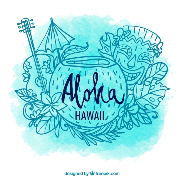 Aloha aquarell hintergrund mit skizzen der hawaiianischen elemente