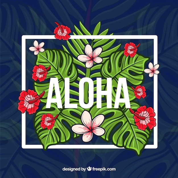 Kostenloser Vektor aloha hintergrund mit rahmen und tropischen blumen