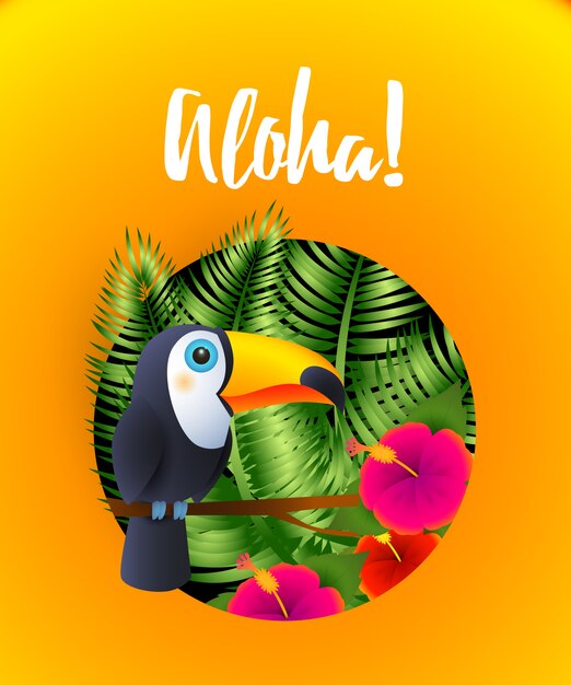 Aloha Schriftzug mit tropischen Pflanzen und Tukan im Kreis