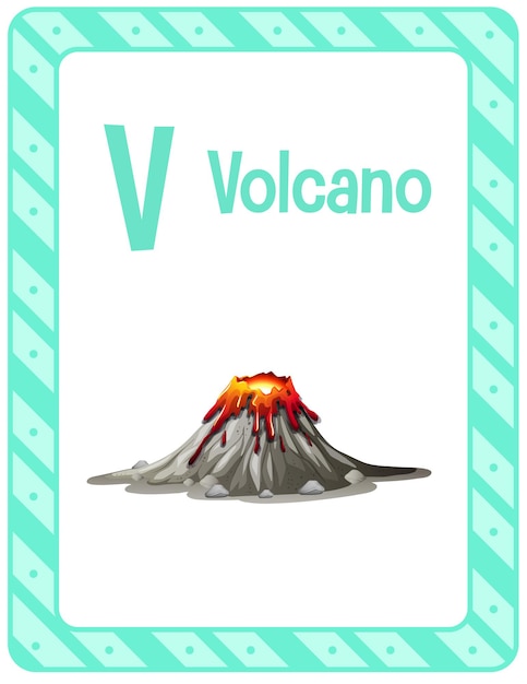 Alphabet-lernkarte mit buchstaben v für vulkan