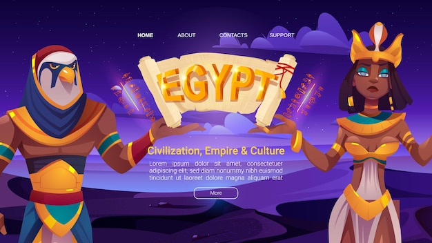 Alte ägypten landing page mit ägyptischen gott horus und königin cleopatra halten papyrus