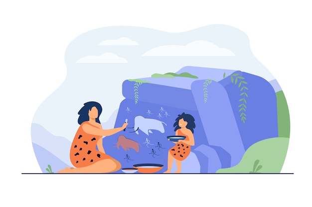 Kostenloser Vektor alte frau und kind malen auf steinmauer lokalisierte flache vektorillustration. cartoon prähistorische menschen, die primitive tiere und jäger zeichnen. rock art design und familienkonzept