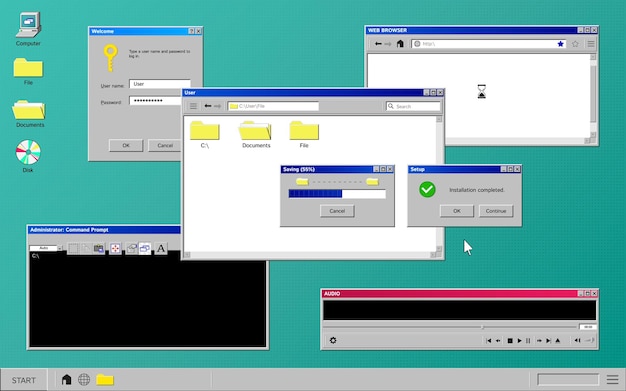 Kostenloser Vektor alte programmzusammensetzung mit satz computerfenstern auf retro-desktop mit ikonenordnern und knopfvektorillustration