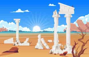 Kostenloser Vektor alte ruinen des griechischen oder römischen reiches historische architektur mit zerstörten säulen auf trockener fläche realistische vektorillustration