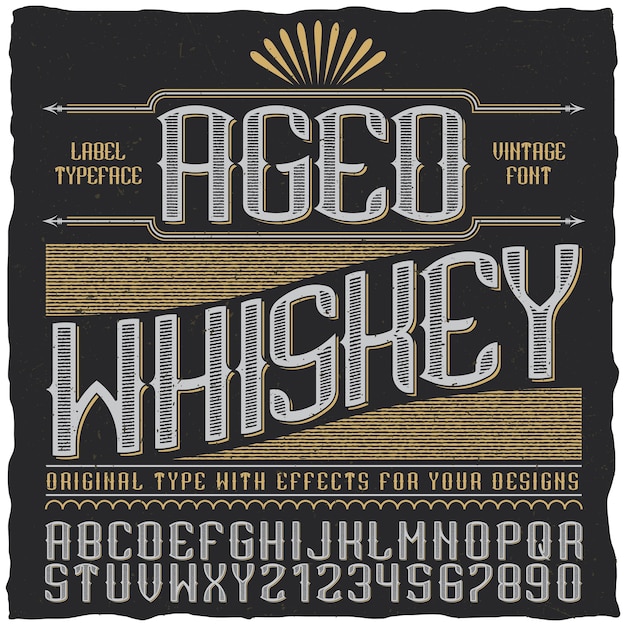 Kostenloser Vektor alter whisky vintage label schrift poster mit alphabet und zahlen