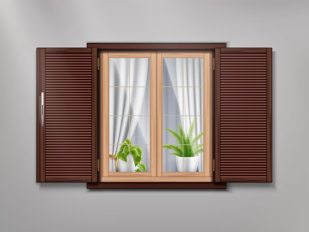 Altes Holzfenster mit schönen Vorhängen und Topfpflanzen