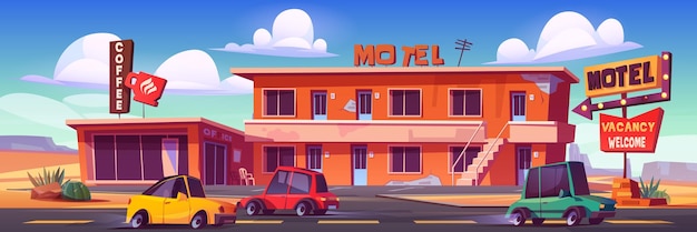 Altes Motel mit Café und Parkplatz in der Wüste