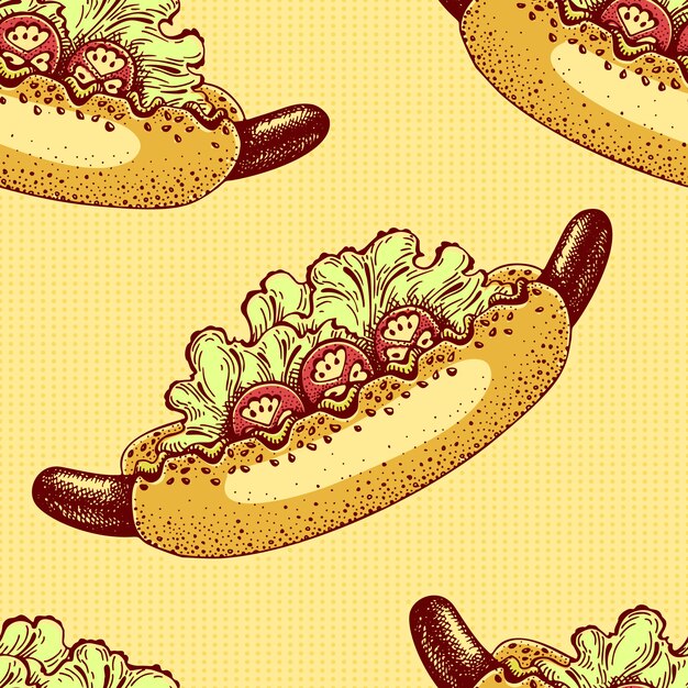 Amerikanischer Hot Dog Mit Senf Tomaten Und Salat Vektornahtloses Muster Mit Schnellimbiss Premium Vektor