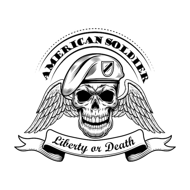 Amerikanischer Soldat in Baskenmützenvektorillustration. Schädel mit Flügeln und Freiheit oder Tod Text. Militär- oder Armeekonzept für Embleme oder Tätowierungsvorlagen