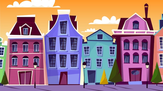 Amsterdam Stadtbild Illustration. Cartoon Amsterdam Straßen und traditionelle alte Häuser