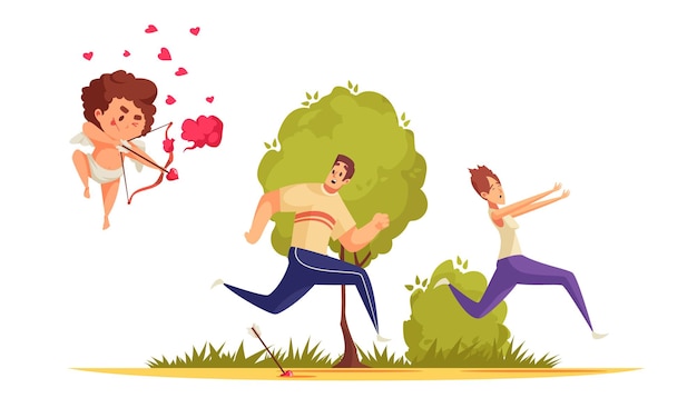 Amur Amor Valentinstag Zusammensetzung mit laufenden Paar von Bogen Junge Charakter mit Herz Ikonen verfolgt