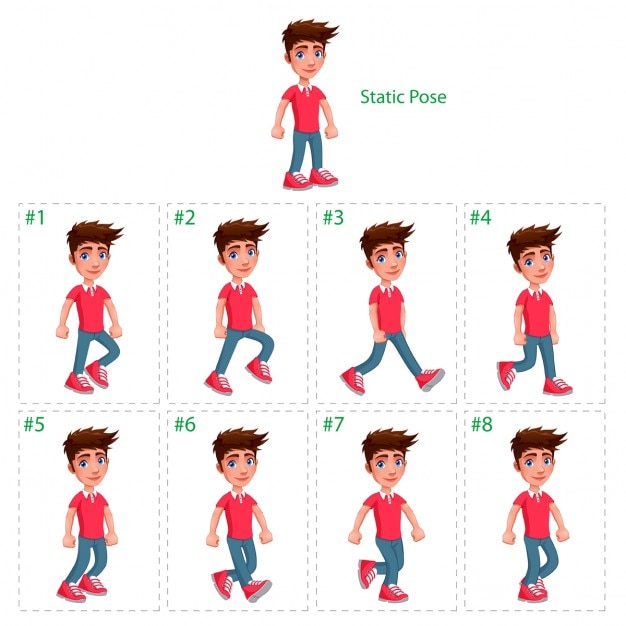 Kostenlose Vektor animation der junge, der acht gehhilfen 1 statische pose vector cartoon isoliert characterframes