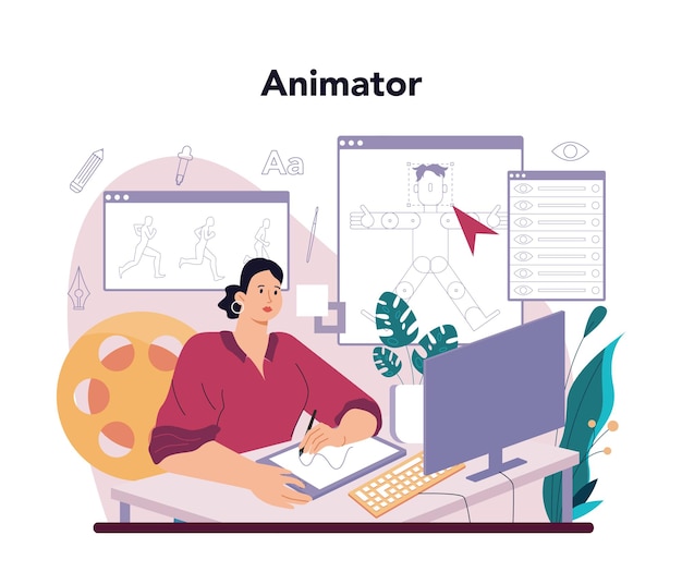 Animationsdesigner künstler, der digitale illustrationen für websites und werbeanimationen erstellt kreativer beruf moderne computertechnologien flache vektorillustration