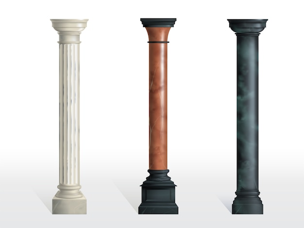 Antike zylinderförmige Spalten des weißen, roten und schwarzen Marmorsteins mit dem realistischen Vektor der Kubikbasis lokalisiert. Alte Architektur, historisches oder modernes Gebäudeäußerelement