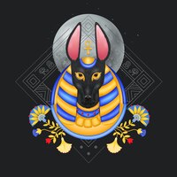 Anubis-komposition mit avatar-stilbild des ägyptischen gottes mit hundekopfblumen und geometrischer ornamentvektorillustration