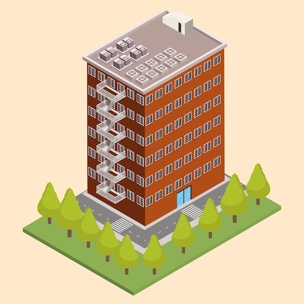 Kostenloser Vektor apartmentgebäude und bäume isometrisch