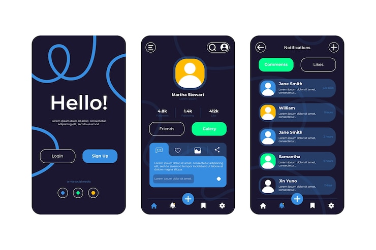 Kostenlose Vektor app-vorlage für den dunklen modus mit farbverlauf