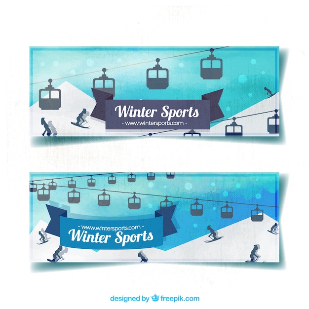 Kostenloser Vektor aquarell banner mit seilbahnen und skifahrer