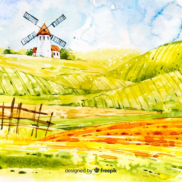 Aquarell Bauernhof Landschaft Hintergrund