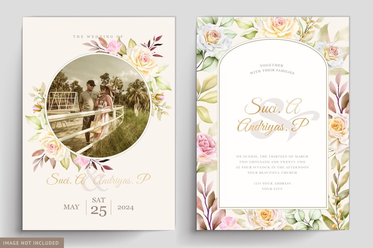 Kostenlose Vektor aquarell blumen und blätter hochzeitseinladungskarte