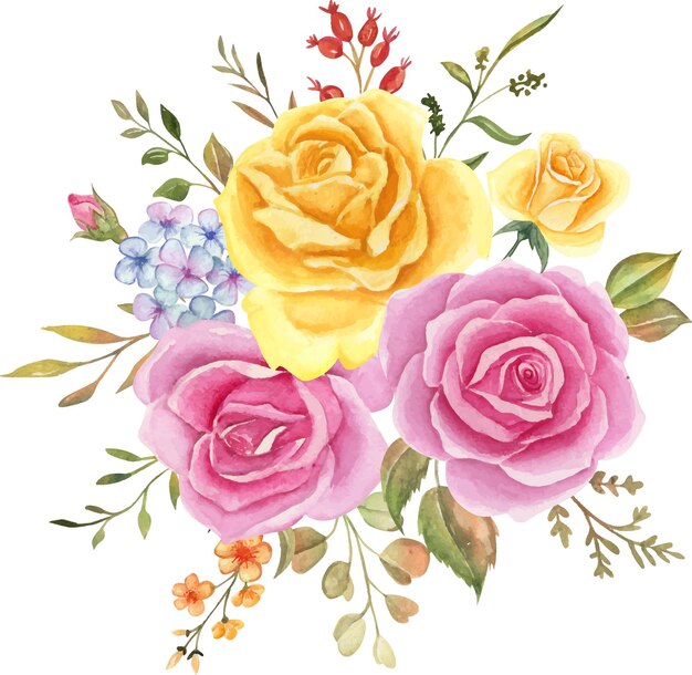 Aquarell-Blumenarrangement, Aquarell-Blumenstrauß, Rosenrosa und Gelb für die Hochzeit.