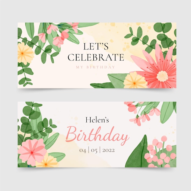 Kostenloser Vektor aquarell blumengeburtstag horizontale banner