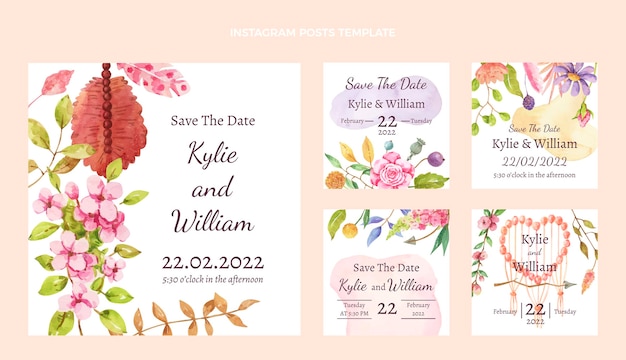 Kostenloser Vektor aquarell boho hochzeit instagram beiträge