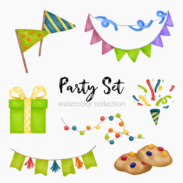 Aquarell-cartoon-element-party-set für aufkleber und kartendesign-paket