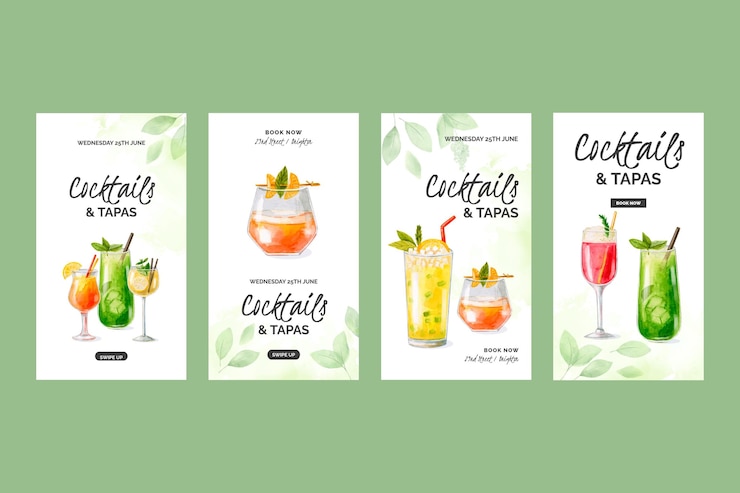 Kostenlose Vektor aquarell-cocktails instagram-geschichtensammlung