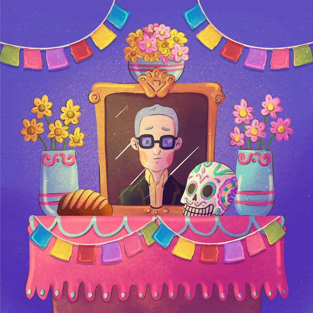 Kostenloser Vektor aquarell dia de muertos familienhausaltarillustration