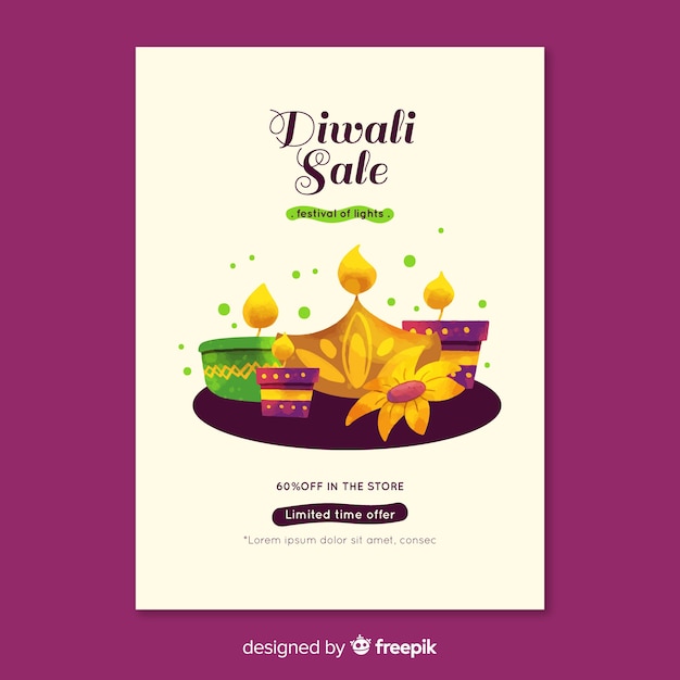 Aquarell diwali verkauf flyer vorlage