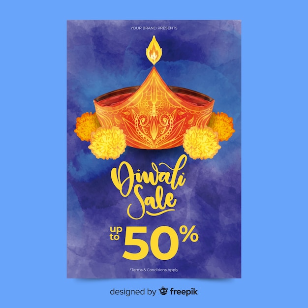 Aquarell diwali verkauf flyer vorlage