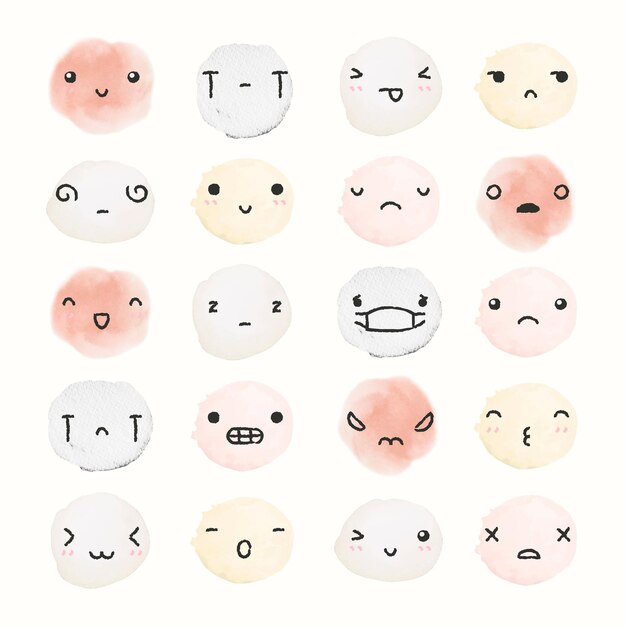 Aquarell-Emoticon-Design-Element-Vektor mit verschiedenen Gefühlen im Doodle-Stil-Set