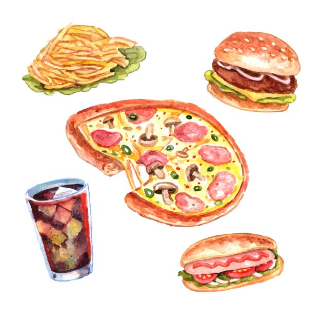 Aquarell Fast-Food-Mittagsmenü-Set