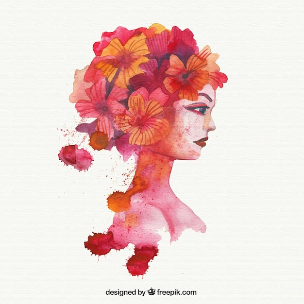 Aquarell Frau mit Blumen im Haar