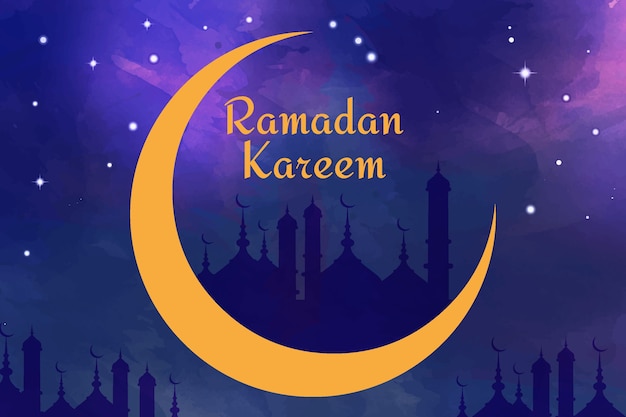 Kostenloser Vektor aquarell glücklich ramadan kareem in der nacht