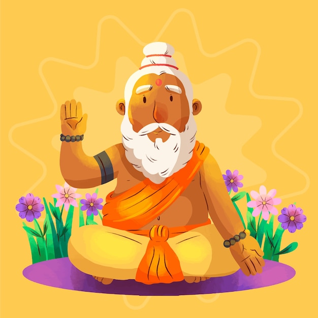 Aquarell-guru-purnima-illustration mit bärtigem mönch und blumen
