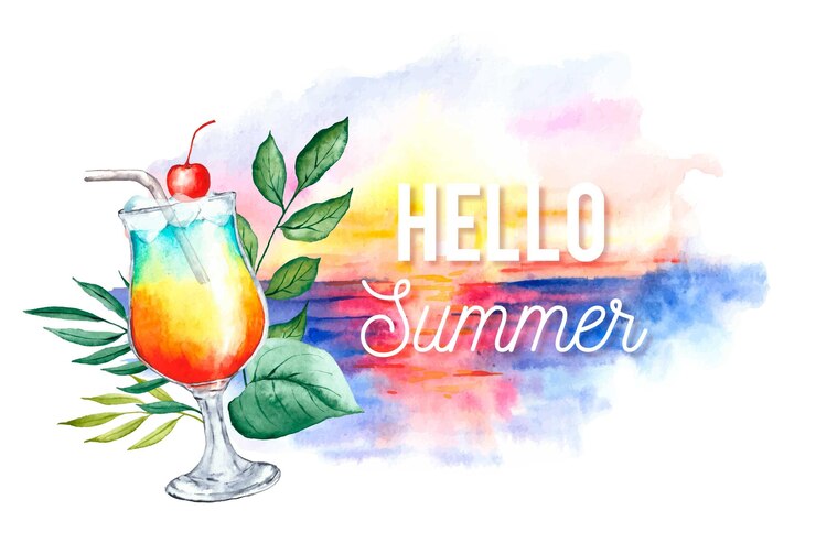 Kostenlose Vektor aquarell hallo sommer mit strand und cocktail