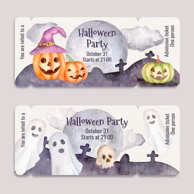 Kostenloser Vektor aquarell-halloween-party-tickets-set