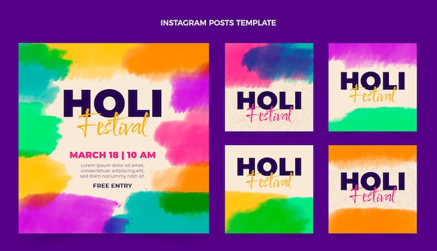 Kostenloser Vektor aquarell holi instagram posts sammlung