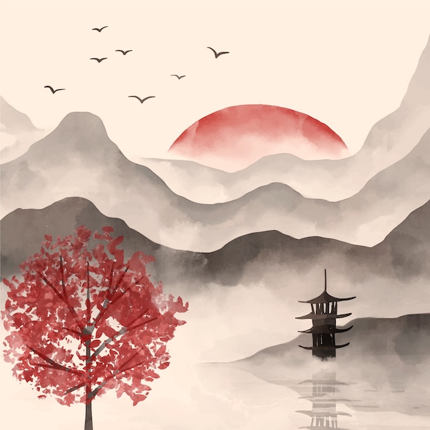 Aquarell-illustration im chinesischen stil