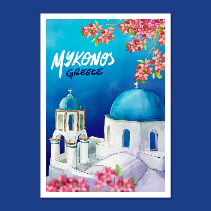 Kostenlose Vektor aquarell-mykonos-poster-vorlage
