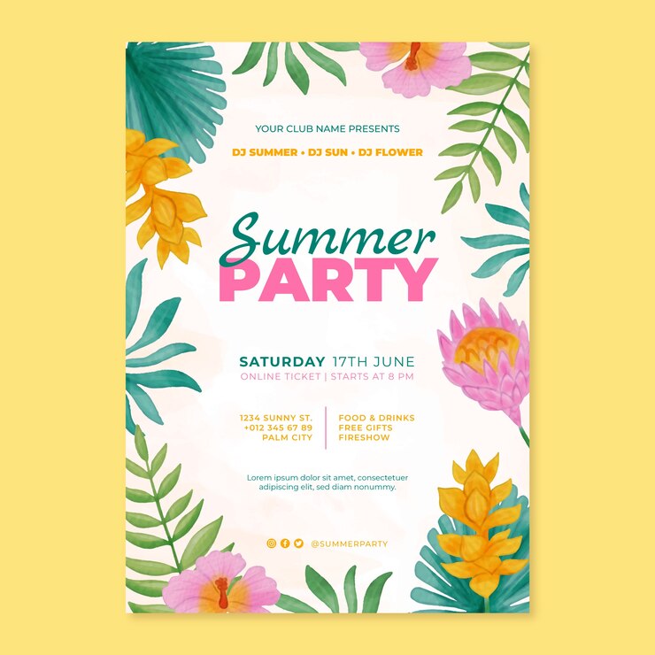 Kostenlose Vektor aquarell-party-poster-vorlage für die sommerzeit