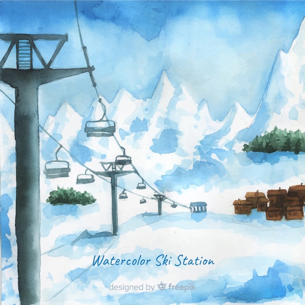Aquarell-Skistation